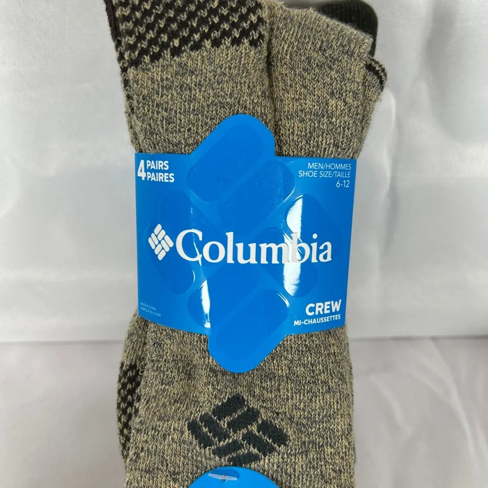 Columbia Mens Crew Socks 4 Pairs Green Tan Brown Reinforced Heel Toe Size 6-12